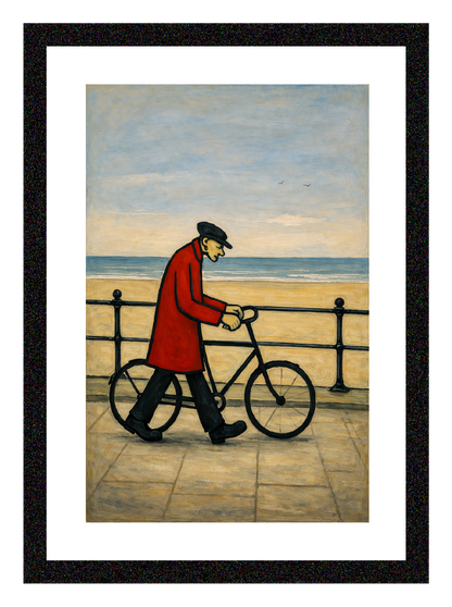 Bicycle Man By The Sea - Lowry Style A4 Size Giclée Art Print. Available Framed or Unframed