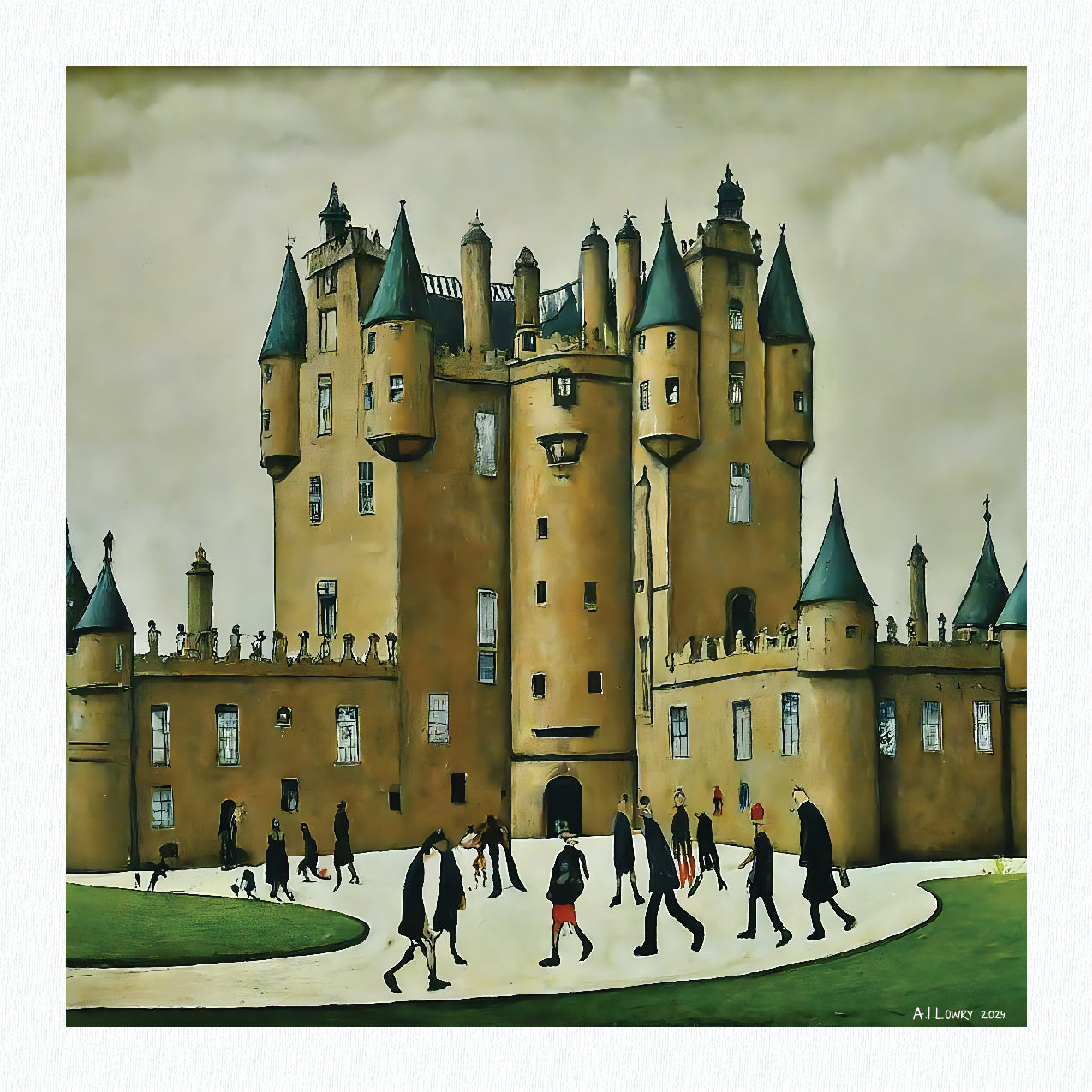 Château de Glamis - Impression d'art giclée 21 cm carré. Image ravissante dans le style de LS Lowry 