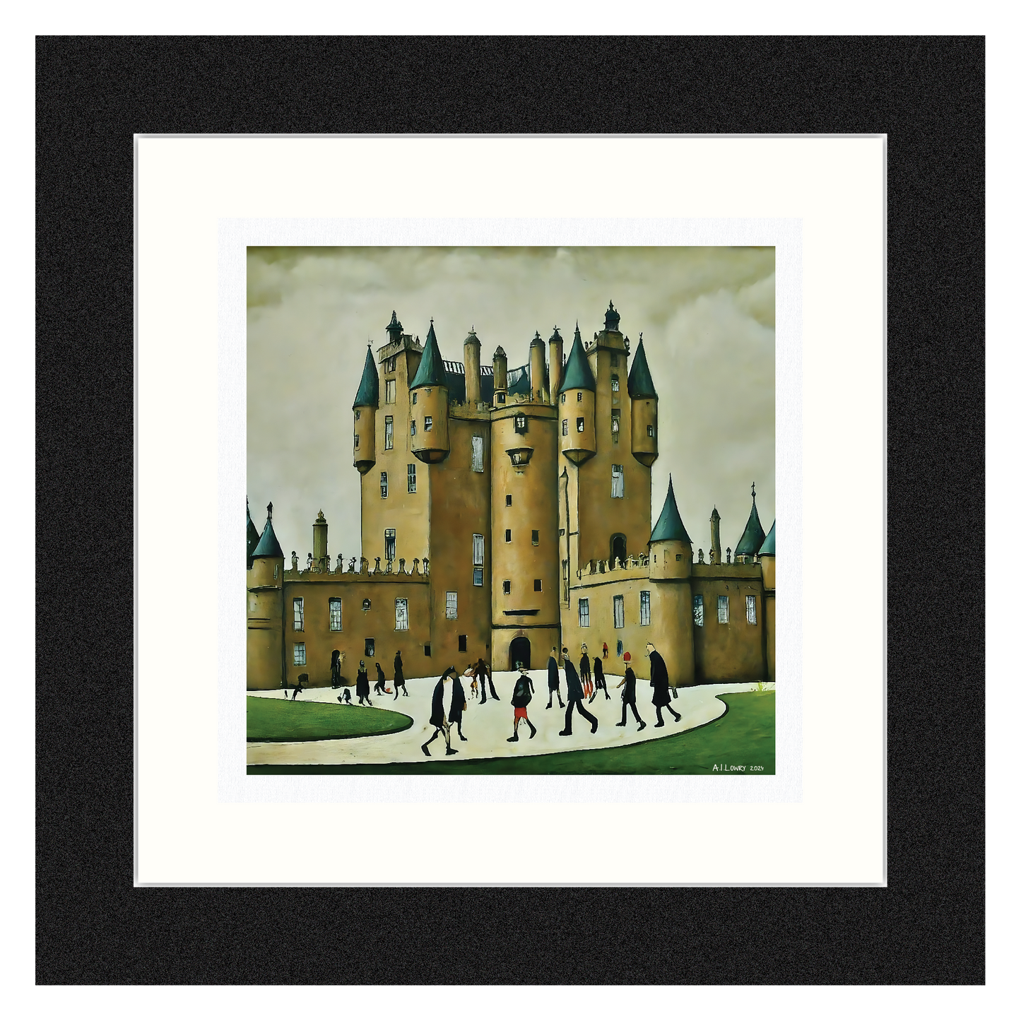 Château de Glamis - Impression d'art giclée 21 cm carré. Image ravissante dans le style de LS Lowry 