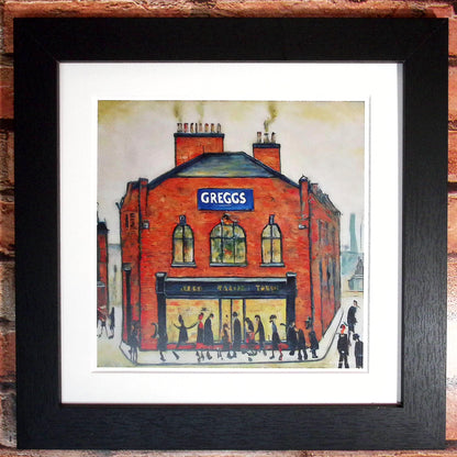 Greggs - Impression d'art giclée 21 cm carré. Image nostalgique moderne dans le style de LS Lowry