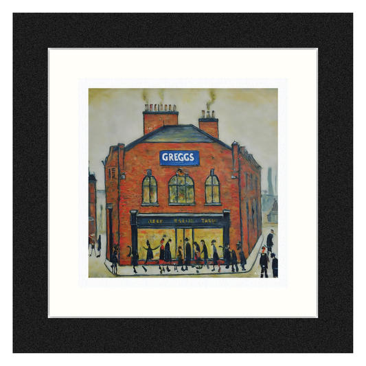 Greggs - Giclée Art Print 12" Square Framed. Modern Nostalgia Image in the Style Of LS Lowry