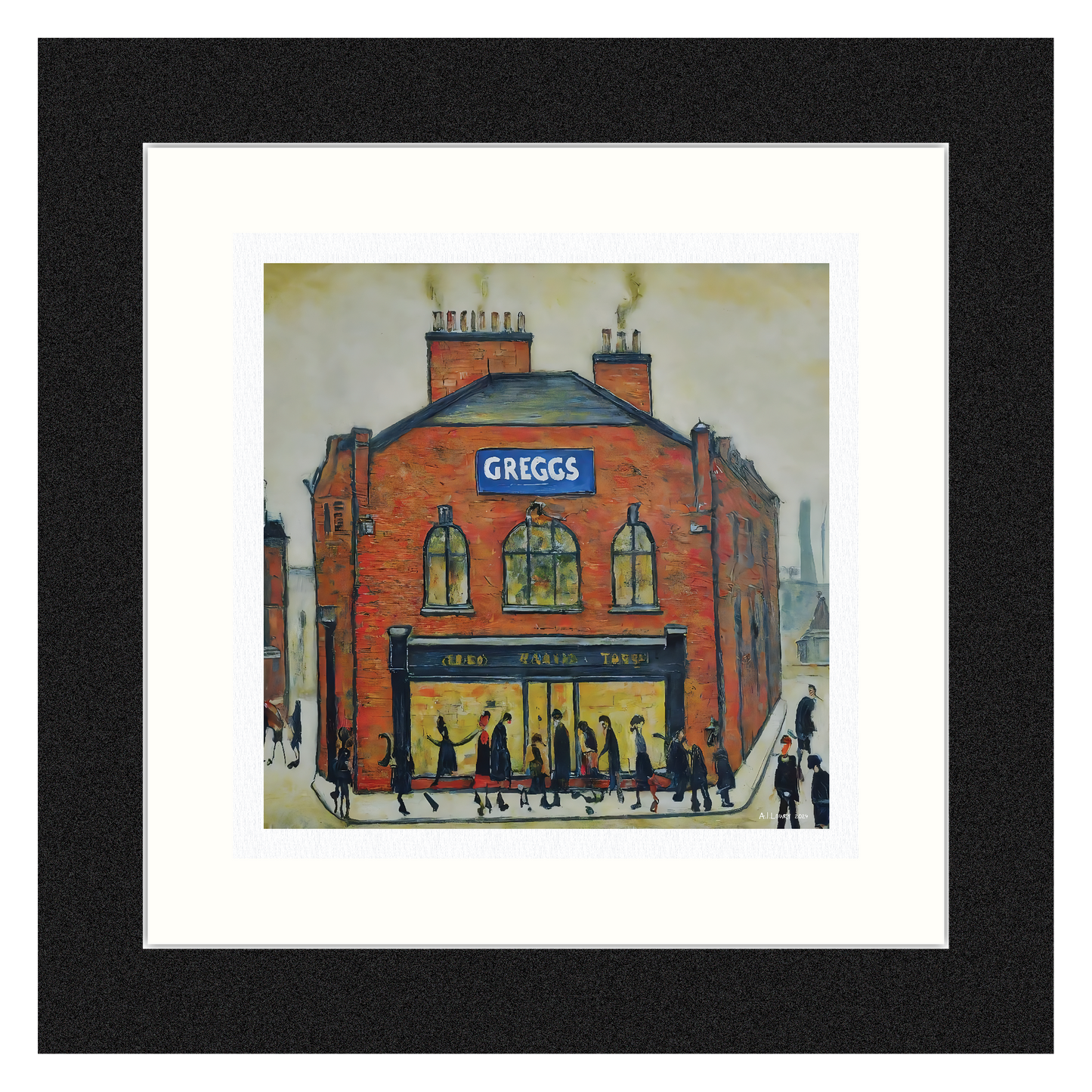 Greggs - Impression d'art giclée 21 cm carré. Image nostalgique moderne dans le style de LS Lowry
