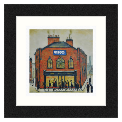 Greggs - Impression d'art giclée 21 cm carré. Image nostalgique moderne dans le style de LS Lowry