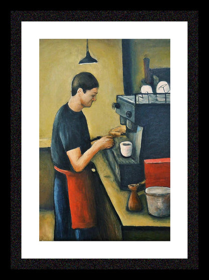 Barista - A4 Size Giclée Art Print. Lowry Style Art Print. Available Framed and Unframed.