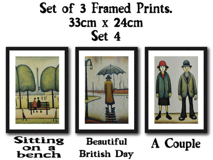 Set of 3 Black Framed Lowry Style Art Prints 33 x 24cm. Wall Mountable or Free Standing, Choice of Ten Sets. Made in The UK.