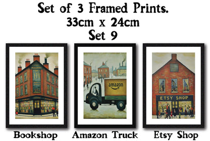 Set of 3 Black Framed Lowry Style Art Prints 33 x 24cm. Wall Mountable or Free Standing, Choice of Ten Sets. Made in The UK.