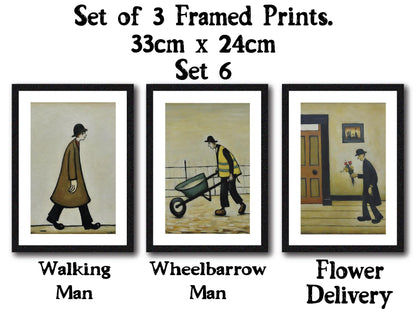 Set of 3 Black Framed Lowry Style Art Prints 33 x 24cm. Wall Mountable or Free Standing, Choice of Ten Sets. Made in The UK.