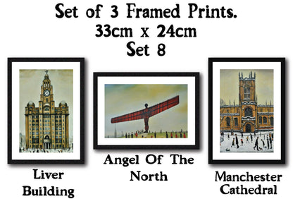 Set of 3 Black Framed Lowry Style Art Prints 33 x 24cm. Wall Mountable or Free Standing, Choice of Ten Sets. Made in The UK.