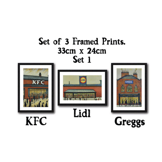 Set of 3 Black Framed Lowry Style Art Prints 33 x 24cm. Wall Mountable or Free Standing, Choice of Ten Sets. Made in The UK.