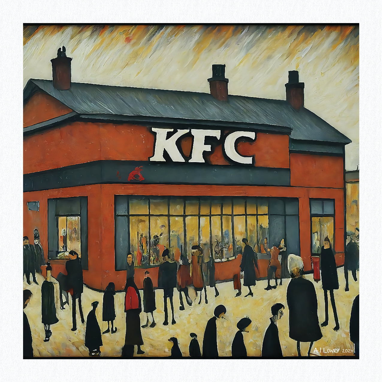 KFC - Kentucky Fried Chicken - Impression d'art giclée 21 cm carré. Image originale dans le style de LS Lowry 
