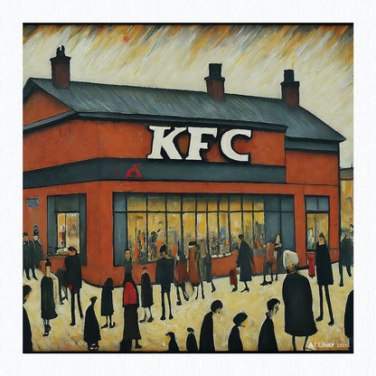 KFC - Kentucky Fried Chicken - Impression d'art giclée 21 cm carré. Image originale dans le style de LS Lowry 