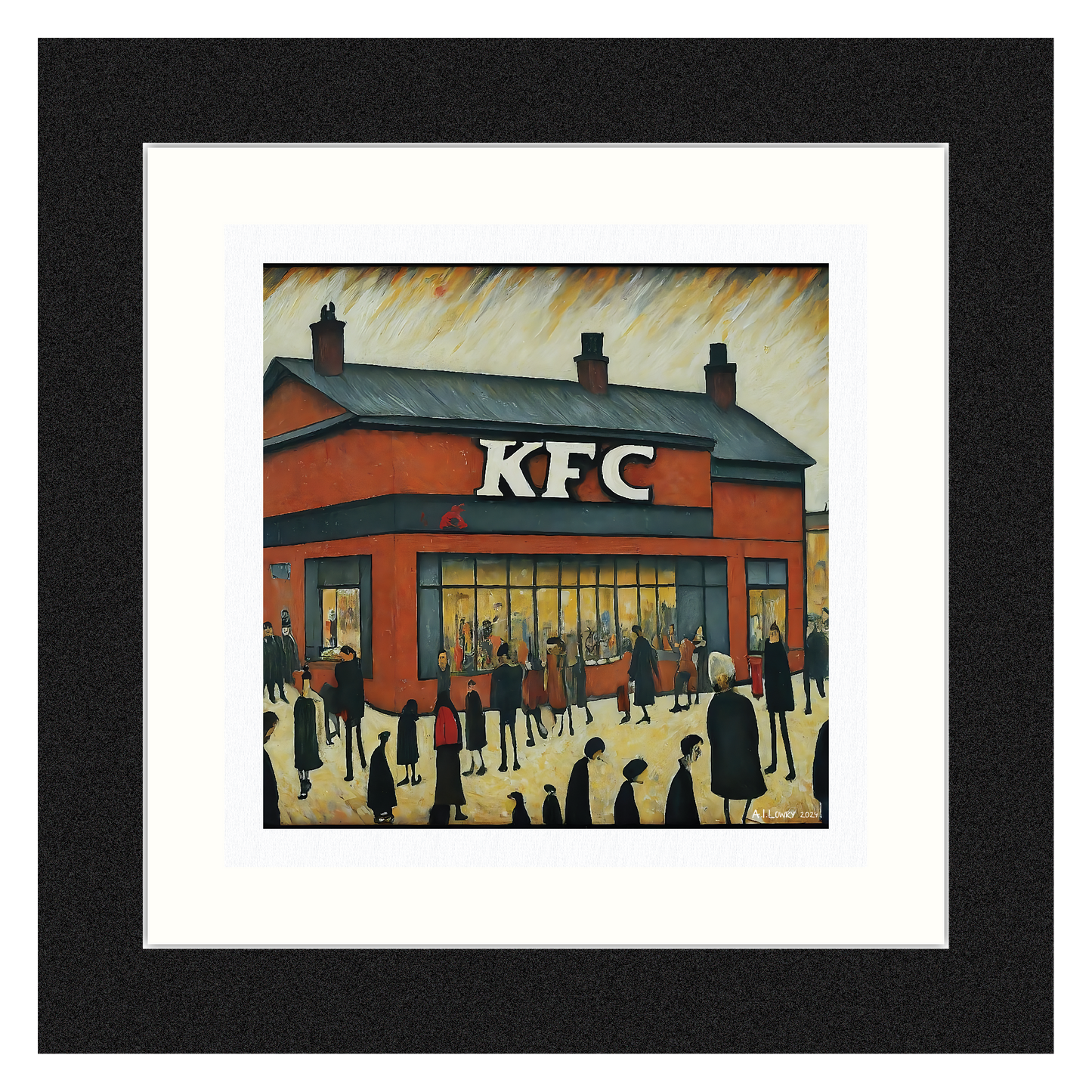 KFC - Kentucky Fried Chicken - Impression d'art giclée 21 cm carré. Image originale dans le style de LS Lowry 