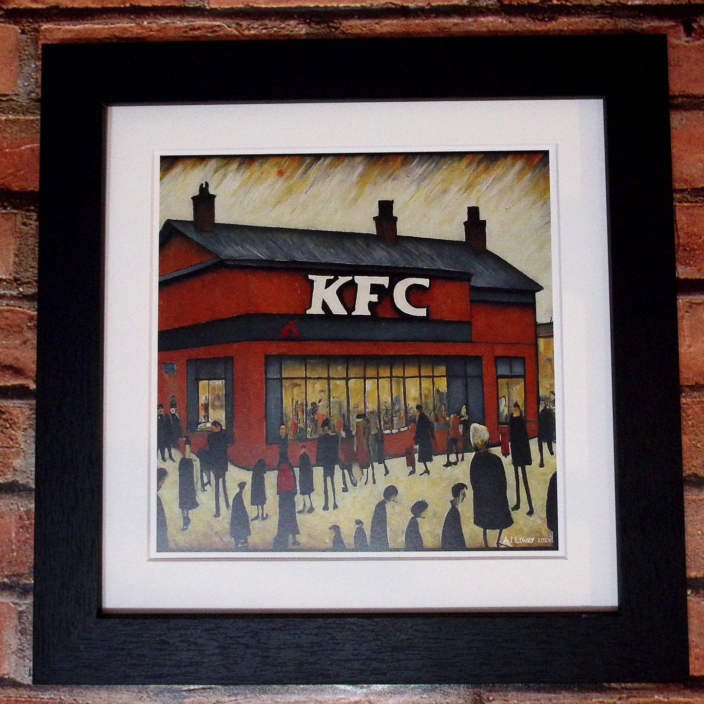 KFC - Kentucky Fried Chicken - Impression d'art giclée 21 cm carré. Image originale dans le style de LS Lowry 