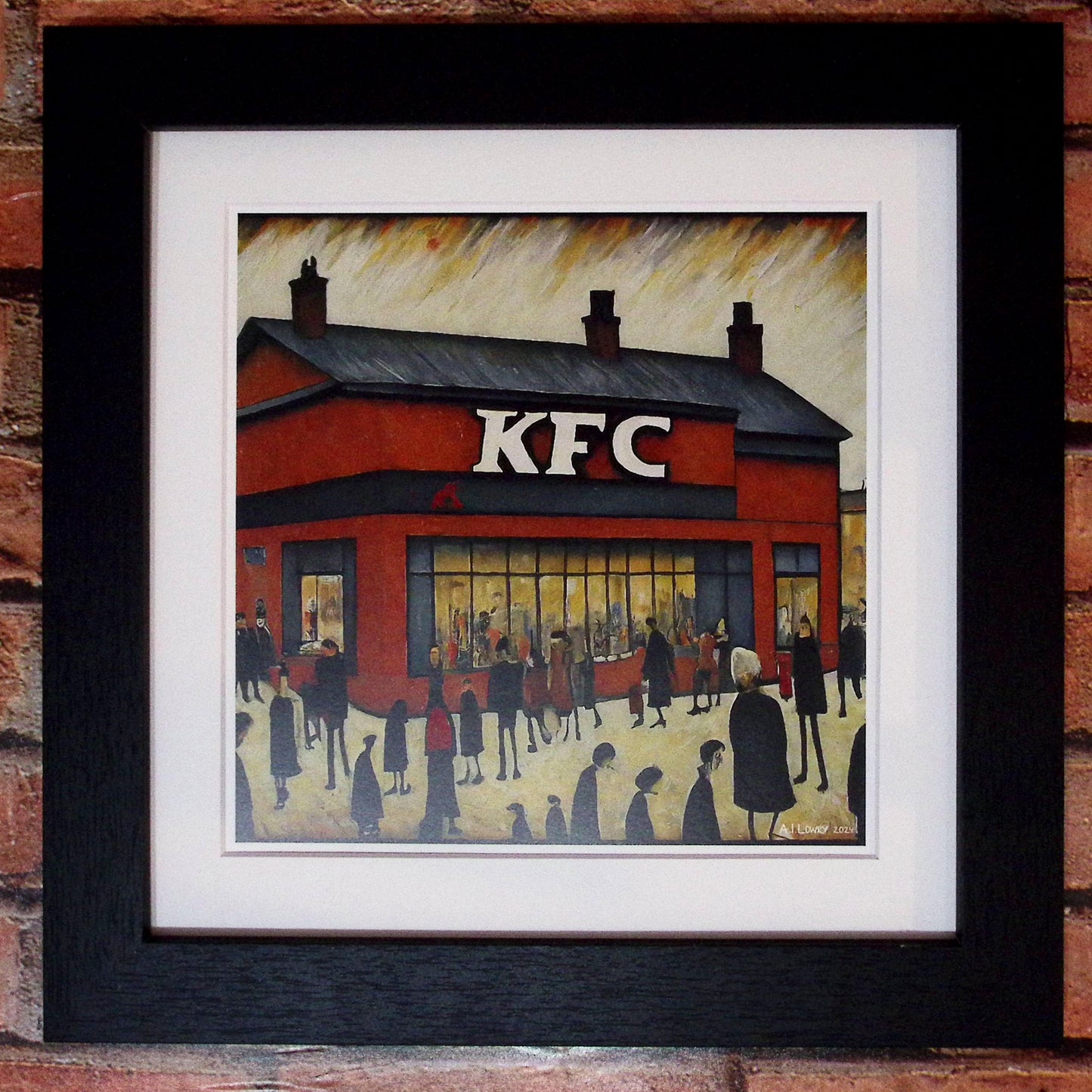 KFC - Kentucky Fried Chicken - Impression d'art giclée 21 cm carré. Image originale dans le style de LS Lowry 