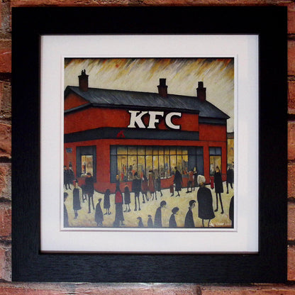 KFC - Kentucky Fried Chicken - Impression d'art giclée 21 cm carré. Image originale dans le style de LS Lowry 