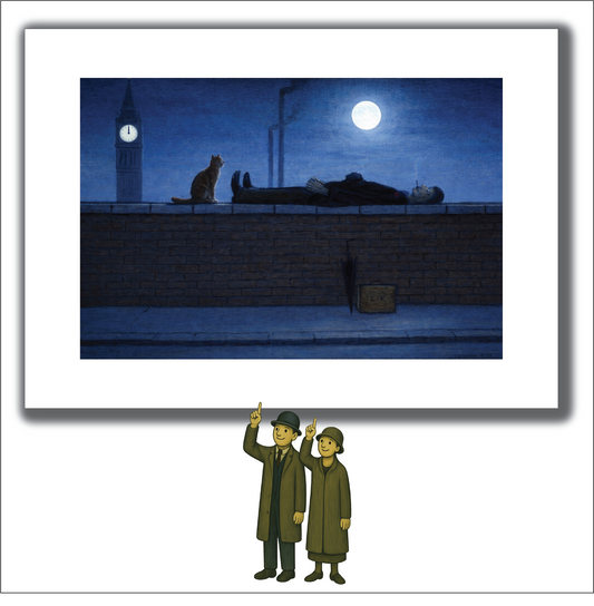Man Lying On Wall At Midnight, With Cat! - Lowry Style A4 Size Giclée Art Print. Available Framed or Unframed.