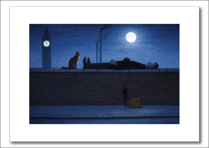 Man Lying On Wall At Midnight, With Cat! - Lowry Style A4 Size Giclée Art Print. Available Framed or Unframed.