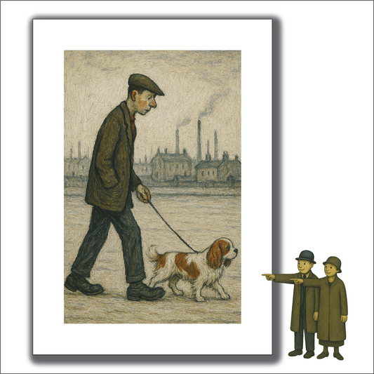 Man Walking Dog - A4 Size Giclée Art Print. Lowry Style Art Print. Available Framed and Unframed.