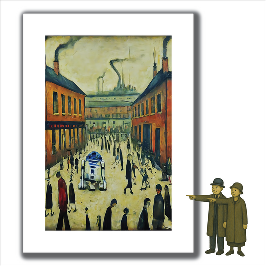 R2D2 Goes To Town -parody - Lowry Style A4 Size Giclée Art Print.  Available Framed or Unframed.