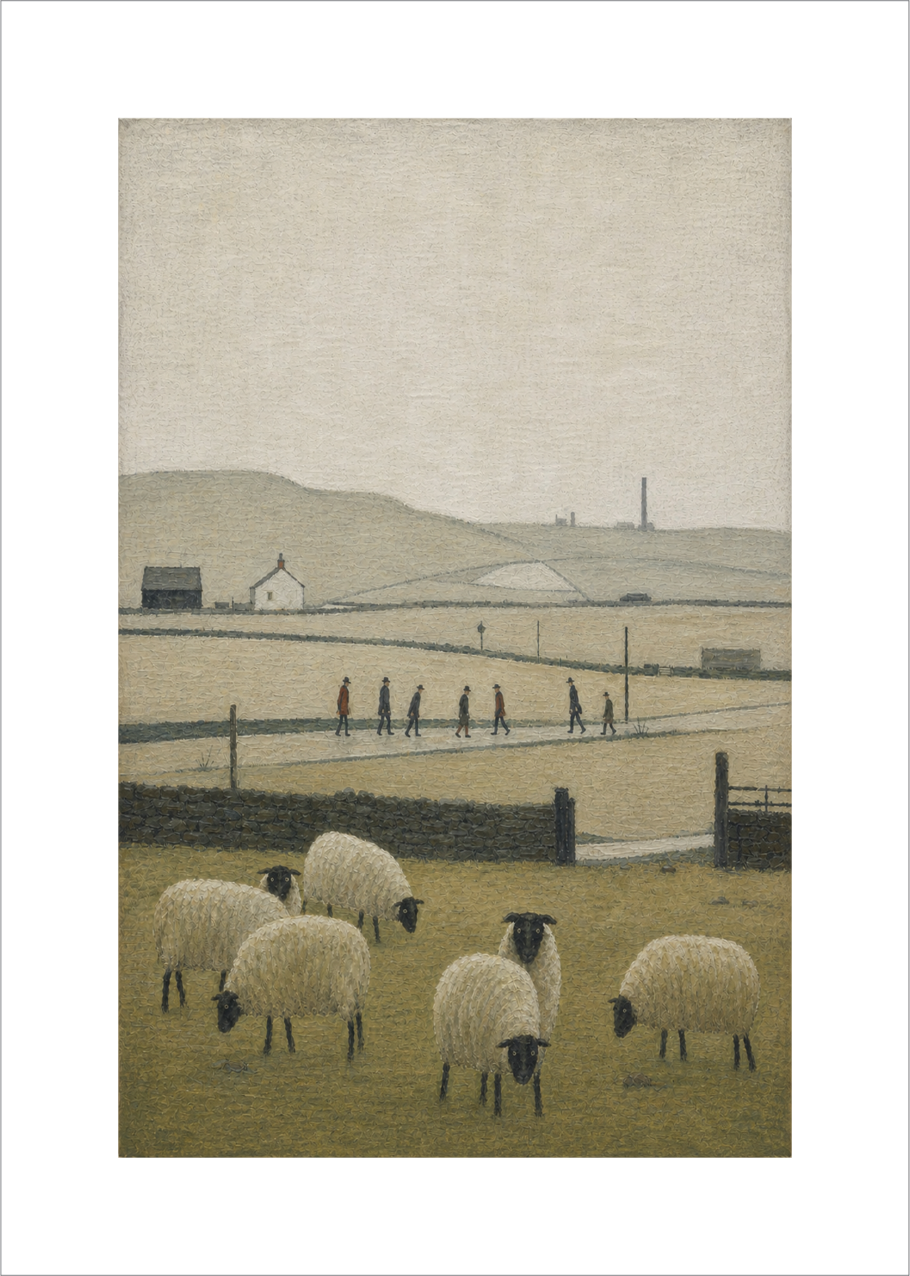 Sheep/Countryside - Lowry Style A4 Size Giclée Art Print. Available Framed or Unframed