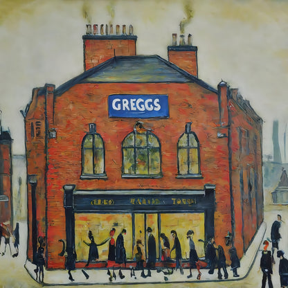 Greggs - Impression d'art giclée 21 cm carré. Image nostalgique moderne dans le style de LS Lowry
