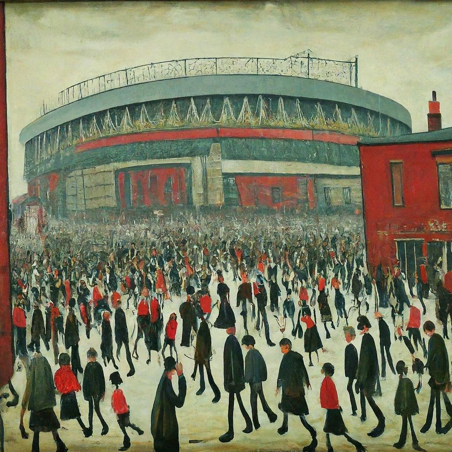 The "Red" Stadium - Lowry Style Giclée Art Print. Available Mounted/Framed or Unframed