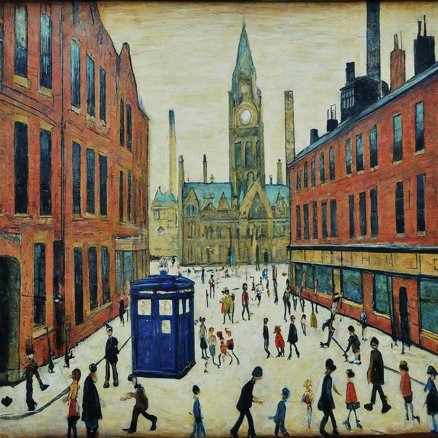 The Doctor Who Comes To Town - Lowry Style Giclée Art Print. Available Mounted/Framed or Unframed