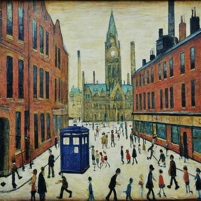 The Doctor Who Comes To Town - Lowry Style Giclée Art Print. Available Mounted/Framed or Unframed