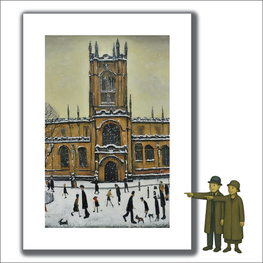 Snowy Manchester Cathedral - Lowry Style A4 Size Giclée Art Print. Available Framed or Unframed.