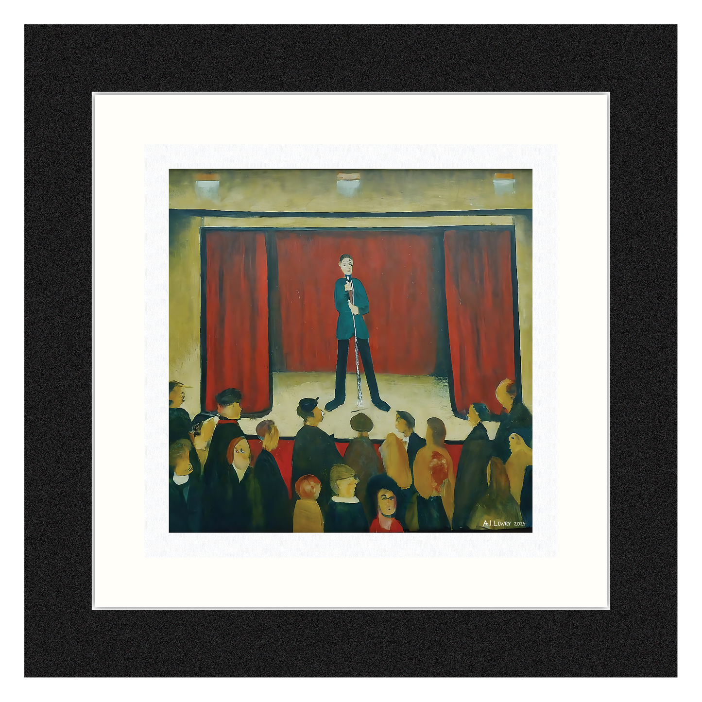 Stand Up Comedian - Impression d'art giclée 21 cm carré. Image divertissante dans le style de LS Lowry 