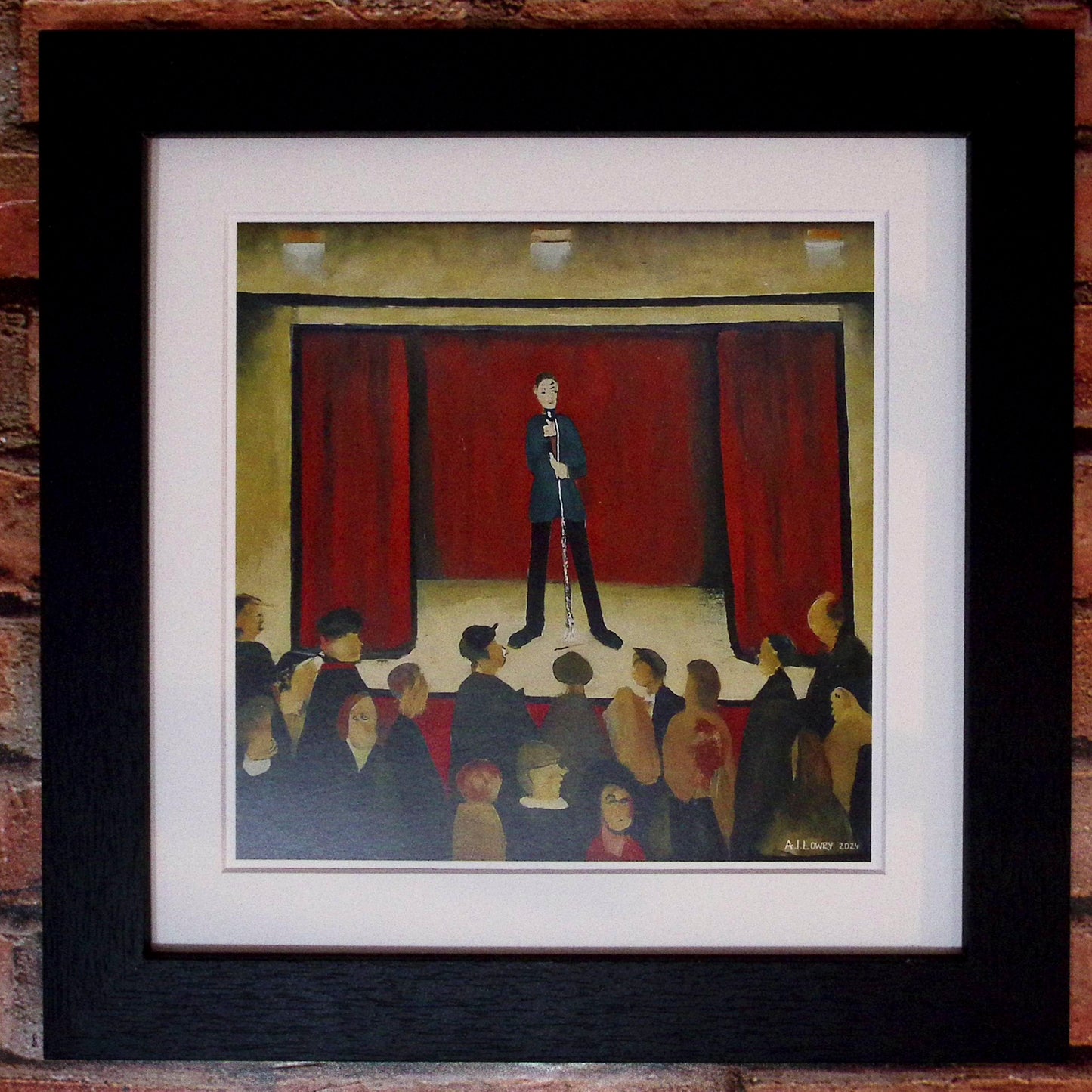 Stand Up Comedian - Impression d'art giclée 21 cm carré. Image divertissante dans le style de LS Lowry 
