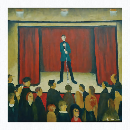 Stand Up Comedian - Impression d'art giclée 21 cm carré. Image divertissante dans le style de LS Lowry 