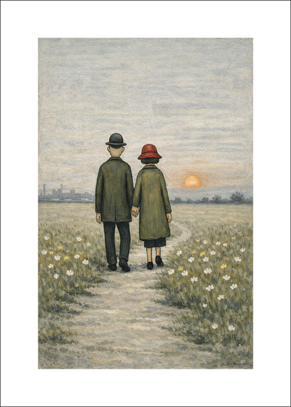 Couple Walking At Sunset - Lowry Style A4 Size Giclée Art Print. Available Framed or Unframed
