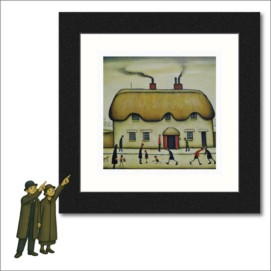 Thatched Cottage Giclée Art Print 21cm Square. Charming Image in the Style Of LS Lowry